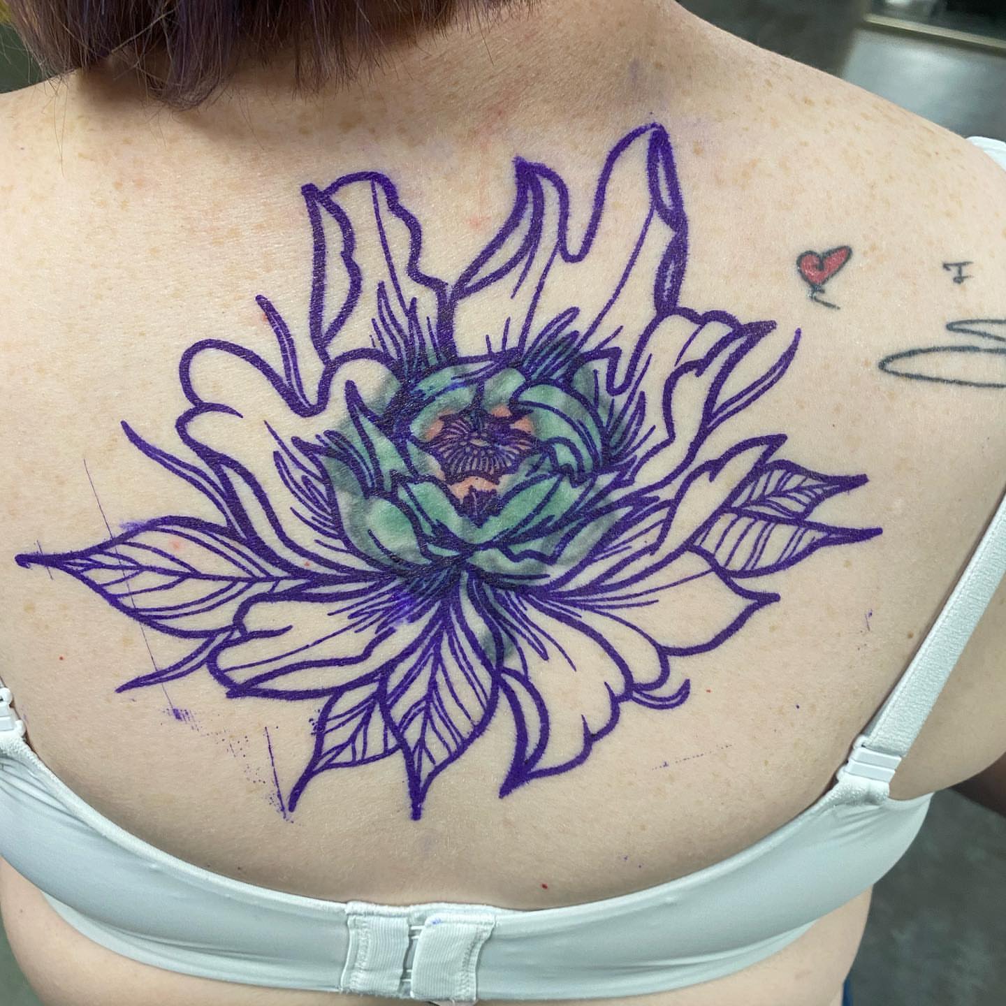Flower new school tattoo on the back by Zach Ashton