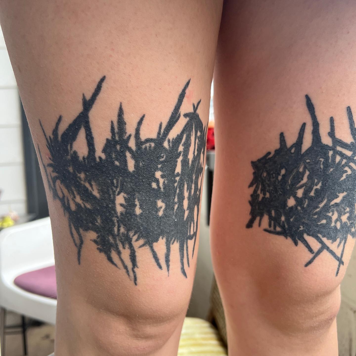 Crowns black and grey tattoo on the thigh by mars