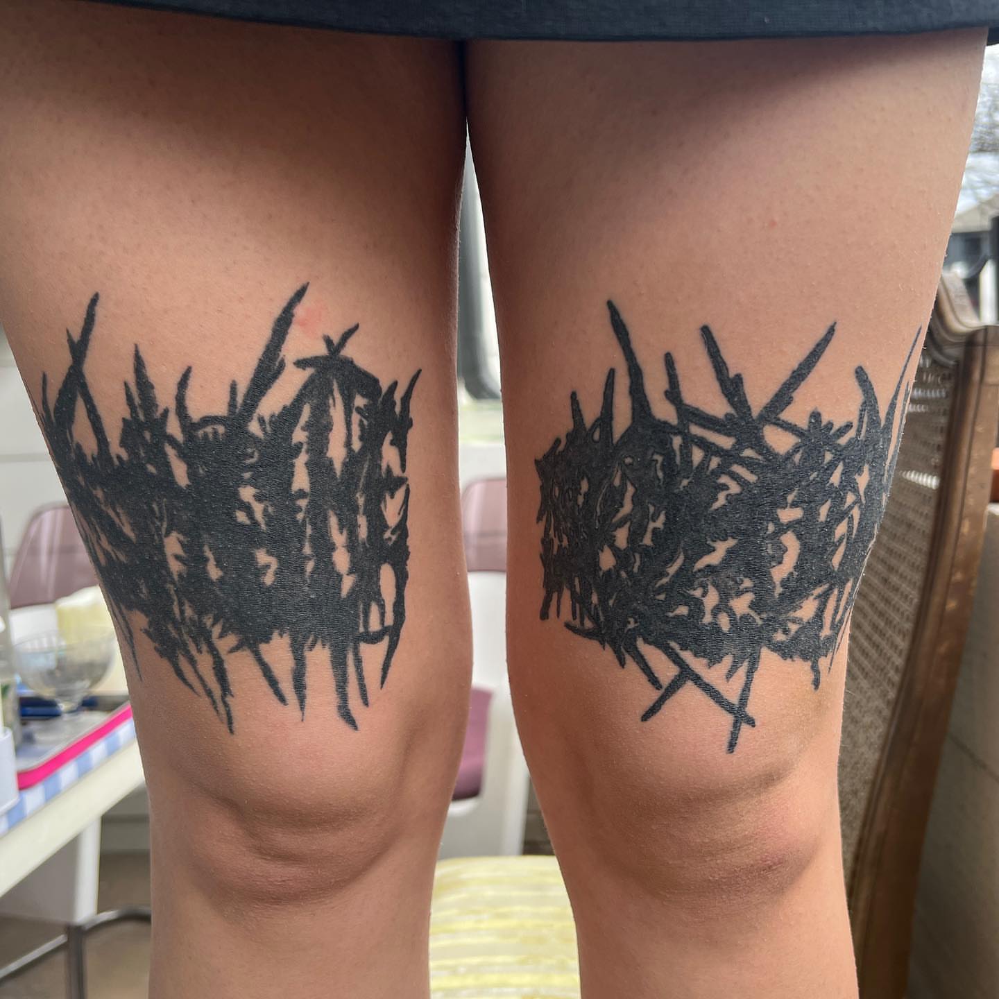 Crowns black and grey tattoo on the thigh by mars