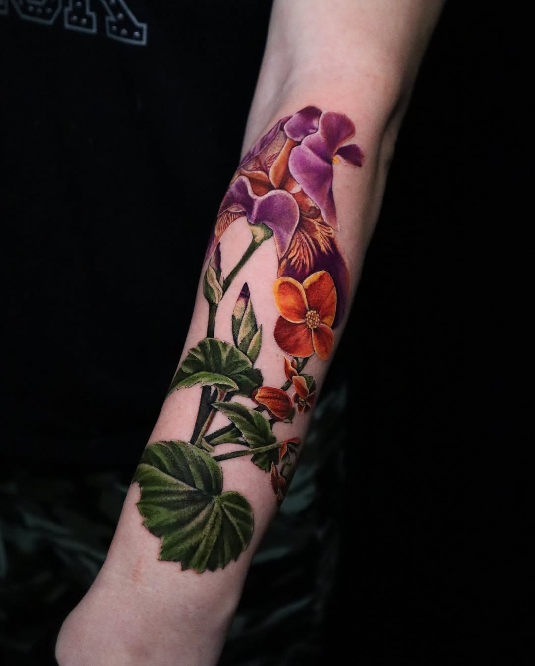 Iris and begonia flowers neo-traditional tattoo on the forearm by Shar - Utah Tattoo Artist