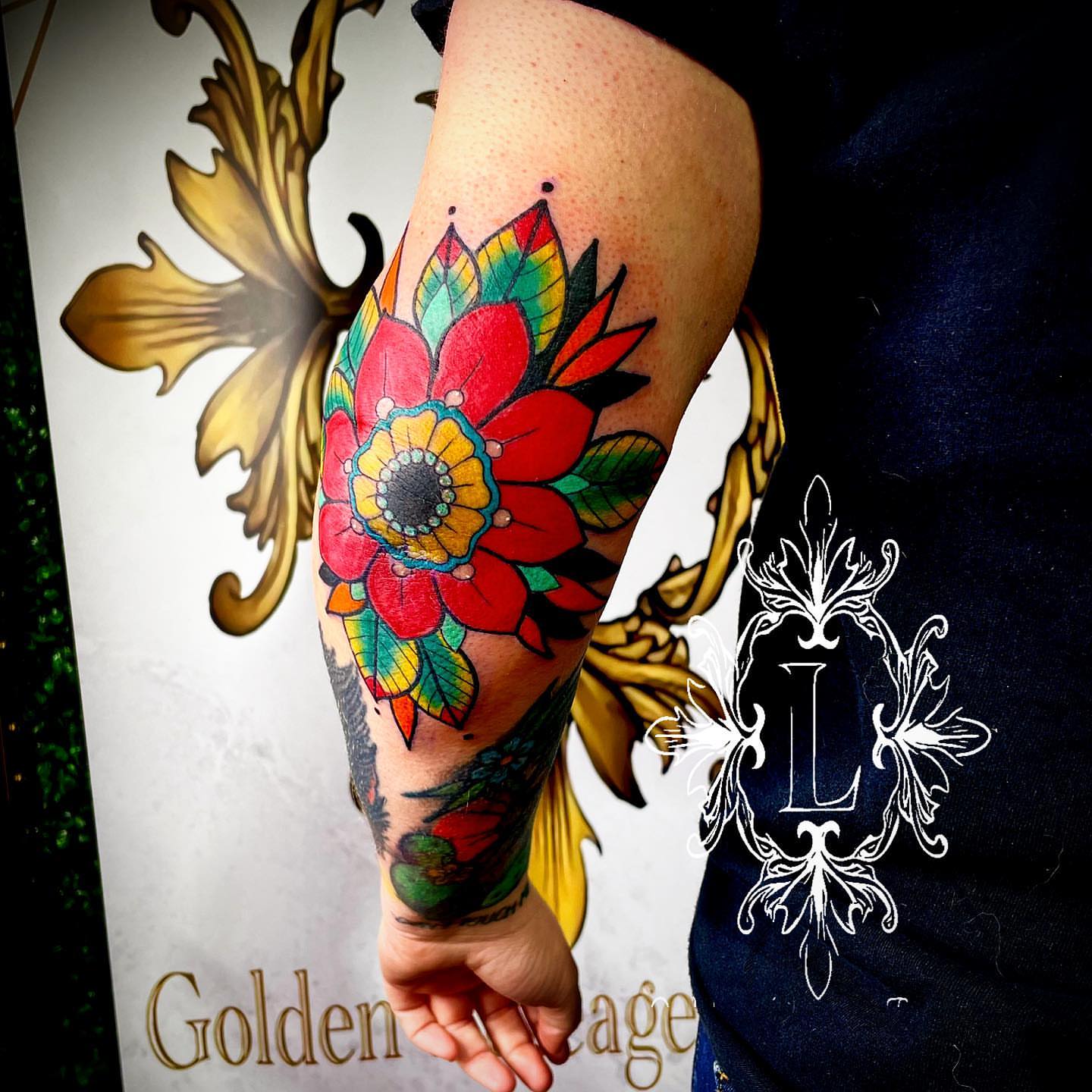 Flower American traditional tattoo on the forearm by Labbé