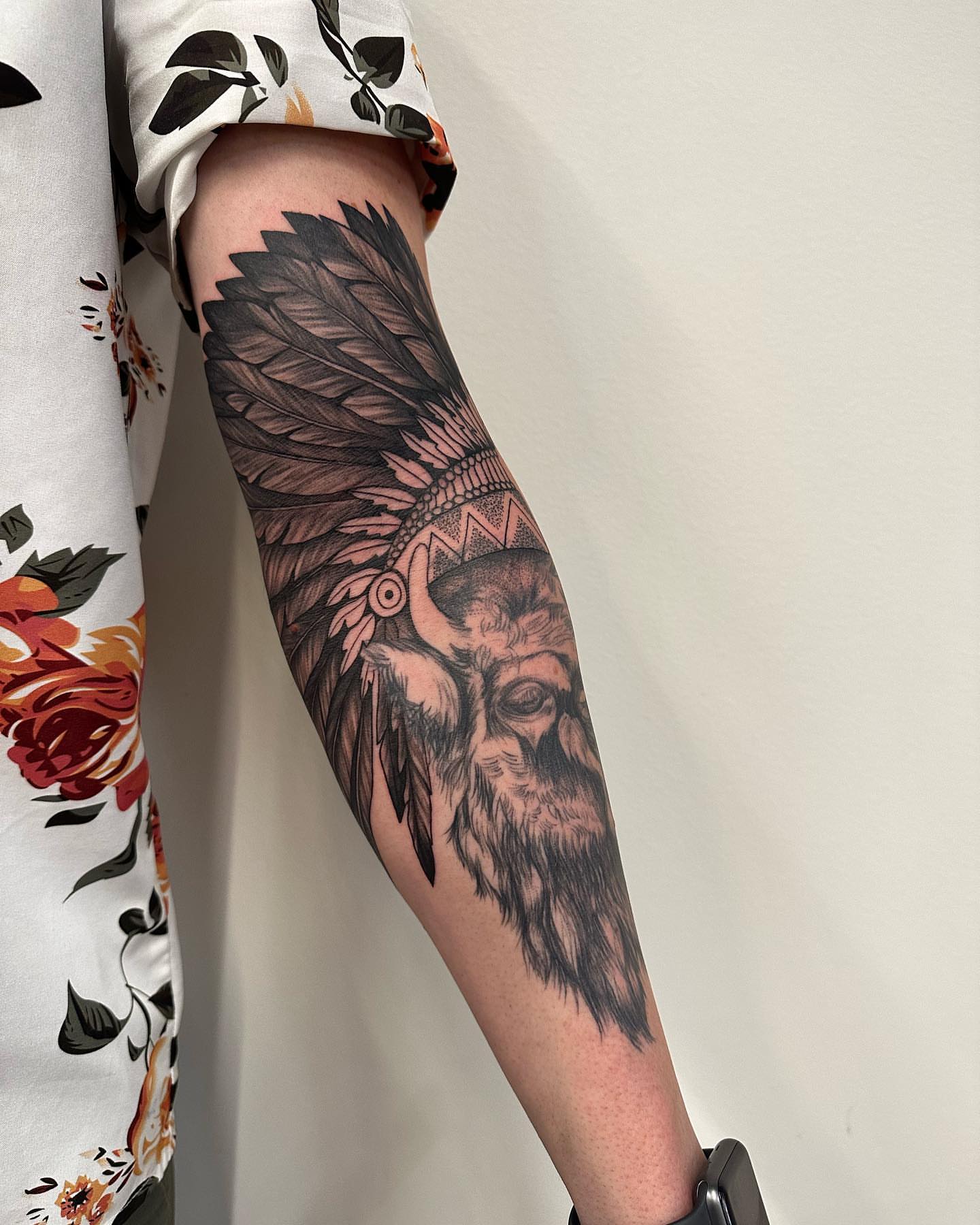 Skull with headdress realism tattoo on the forearm by Sam Oakes
