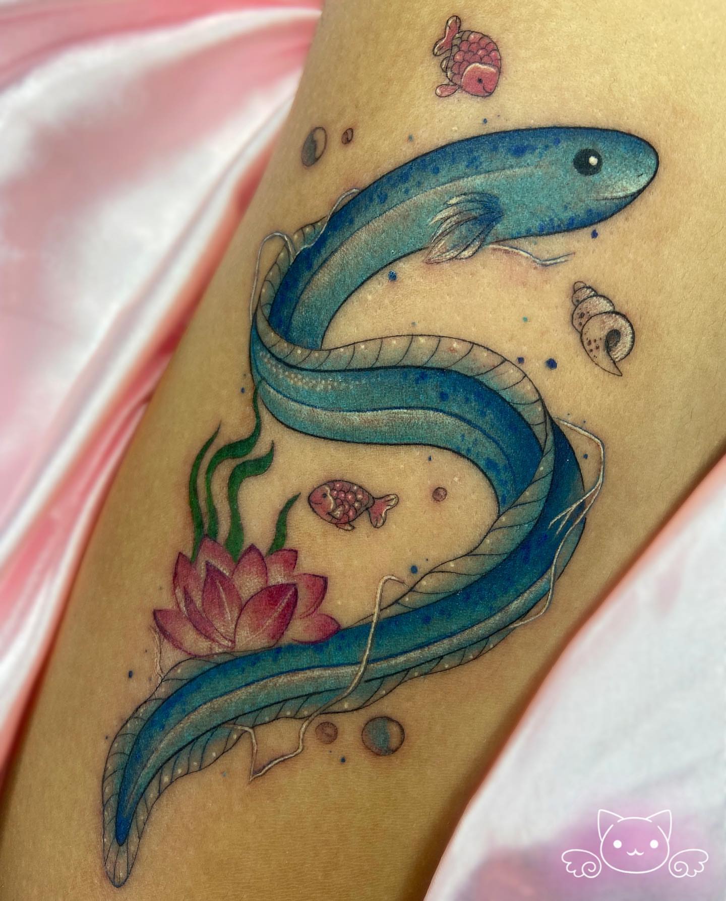 Serpent and aquatic life new school tattoo on the forearm by Maria Camila yepes, Bogotá, Bogotá, Distrito Capital