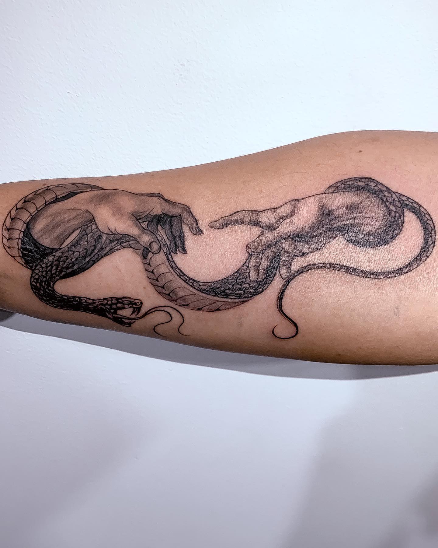 Snake and hands realism tattoo on the forearm by 𝔄𝔩𝔳𝔞𝔯𝔬 𝔓𝔦𝔫𝔦𝔩𝔩𝔞