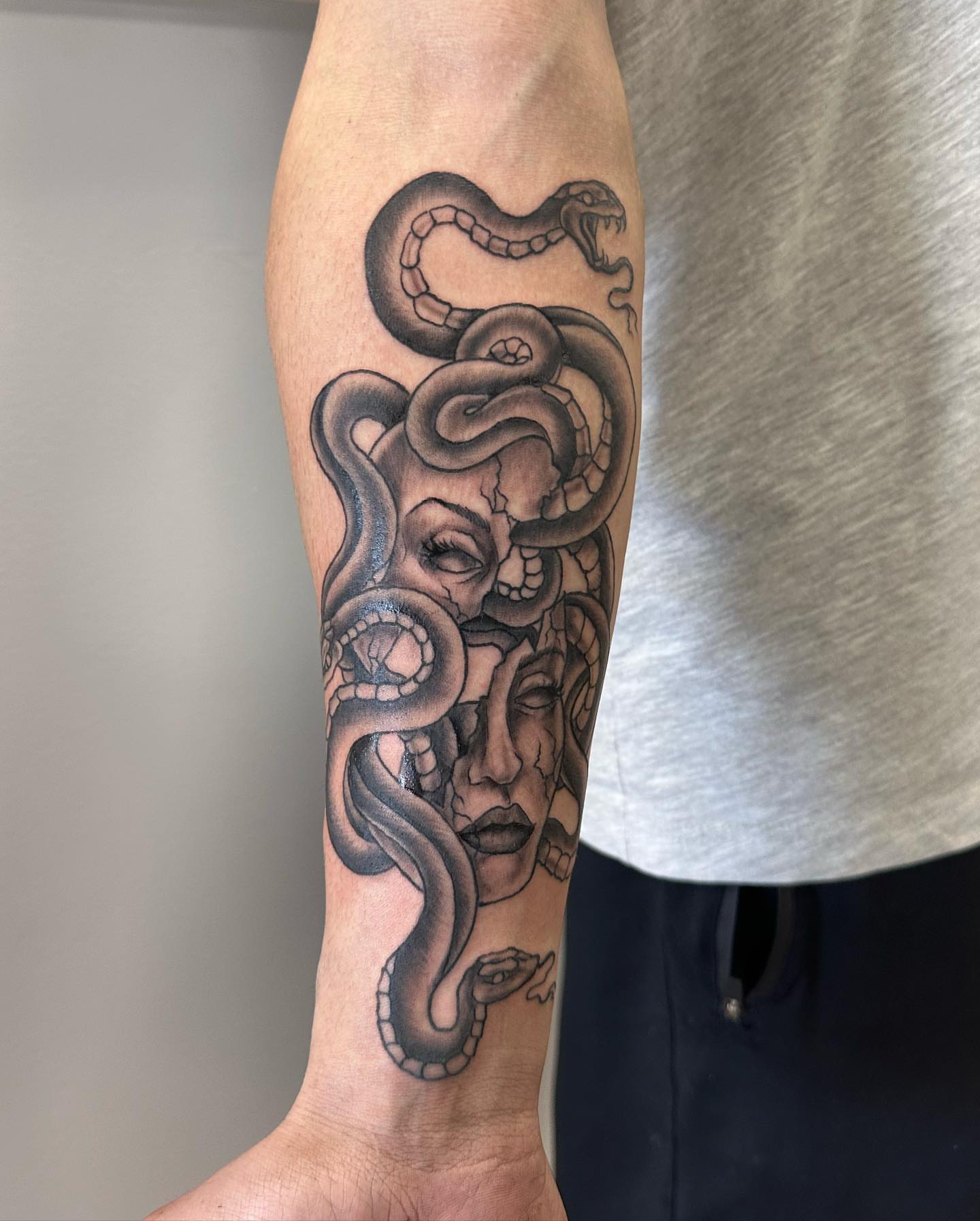 Medusa realism tattoo on the forearm by Allie Tippets, Gilbert, Arizona