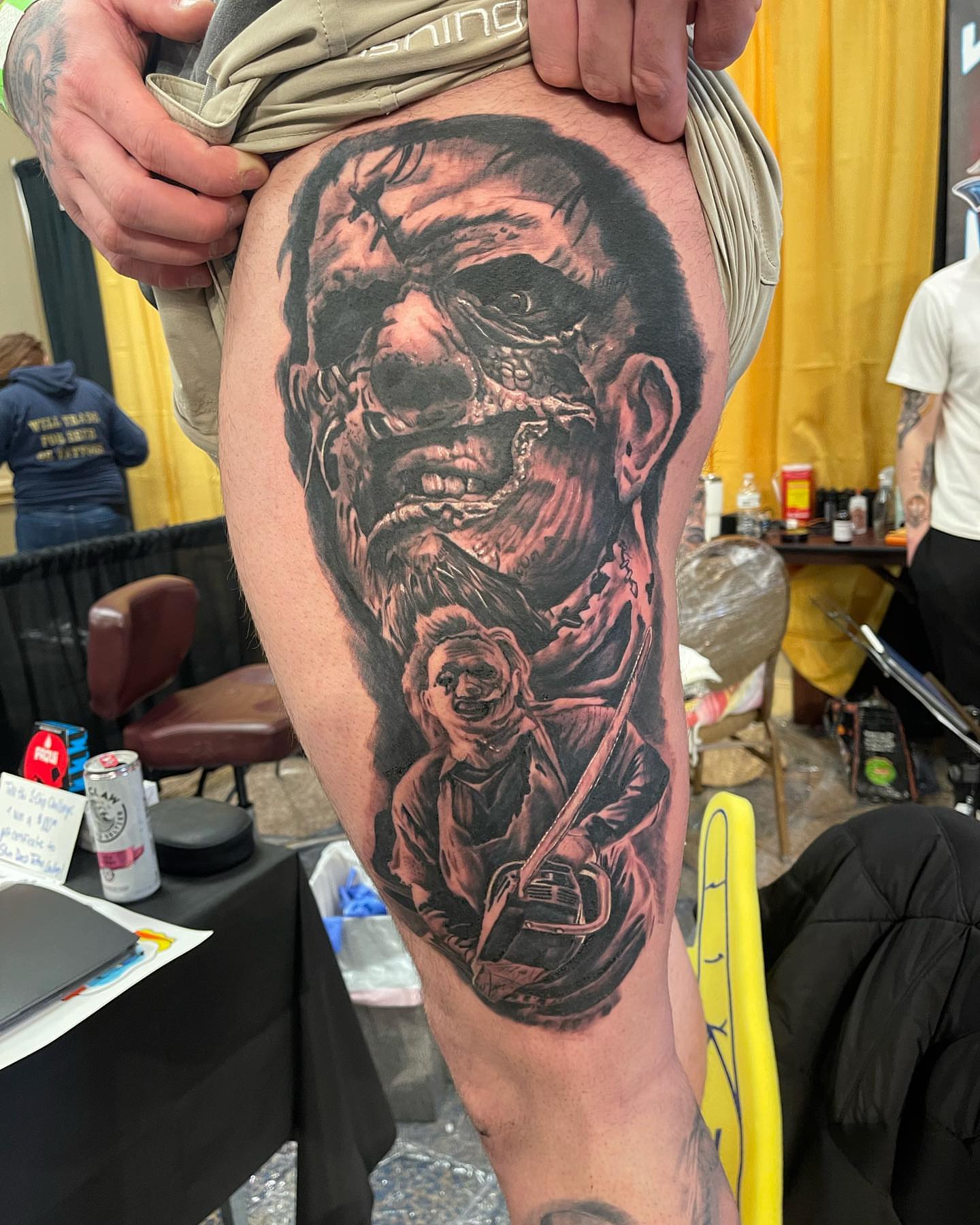 Zombie and child realism tattoo on the thigh by Antonio Massimino