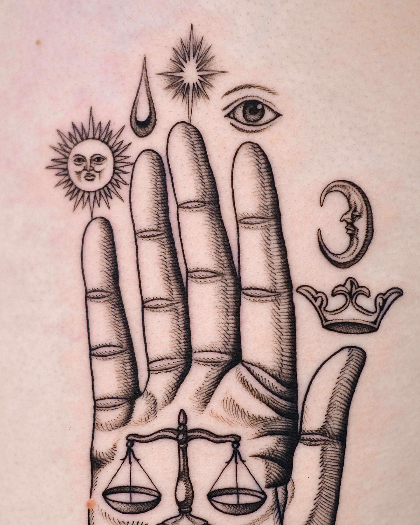 Hand with symbols black and grey tattoo on the hand by Monkey Bob Tattoo