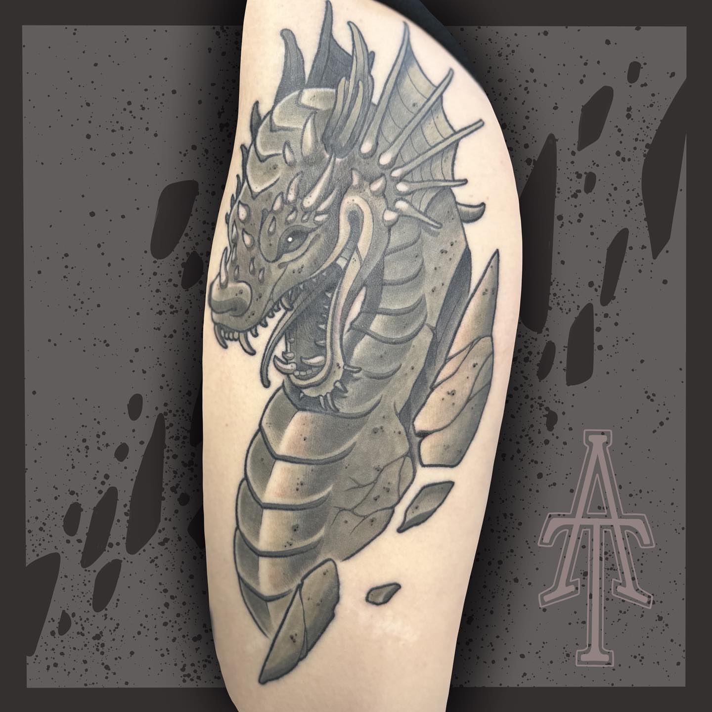 Dragon black and grey tattoo on the forearm by Chris Dobransky