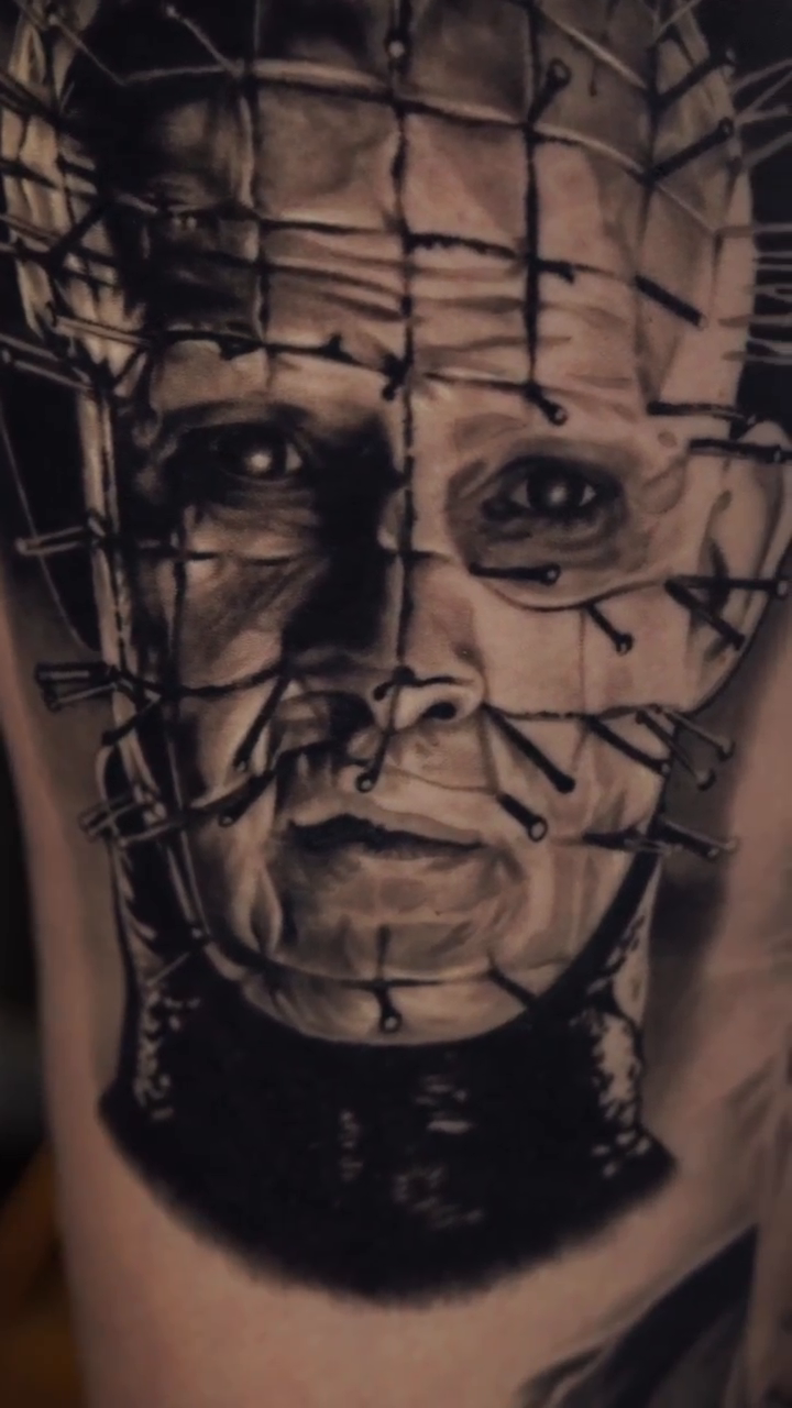 Pinhead from Hellraiser realism tattoo by @kotytattoos