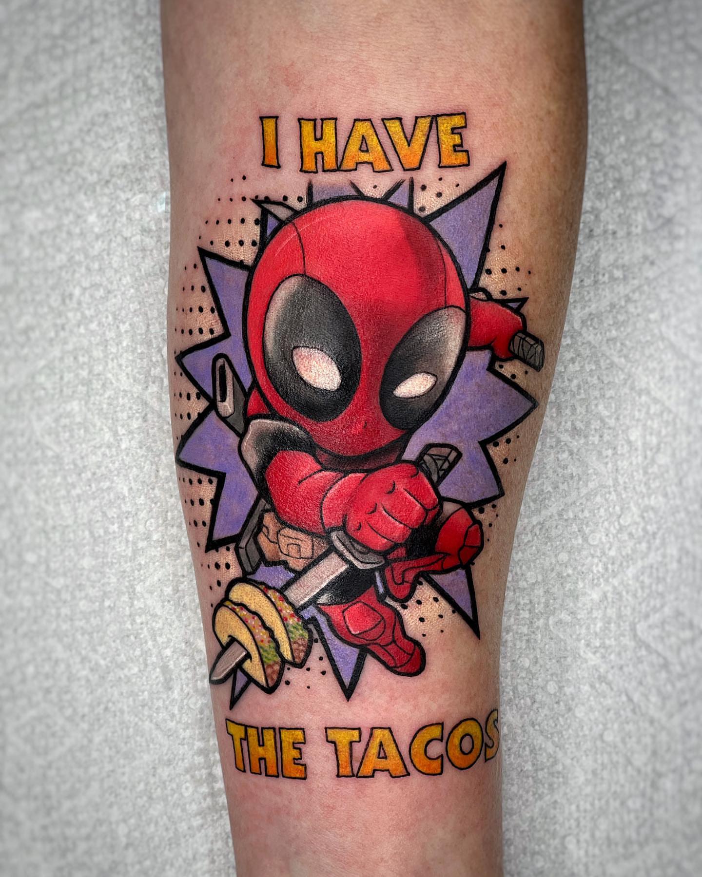 Deadpool dotwork tattoo on the forearm by Tattoos by Hanna, Farmington Hills, Michigan
