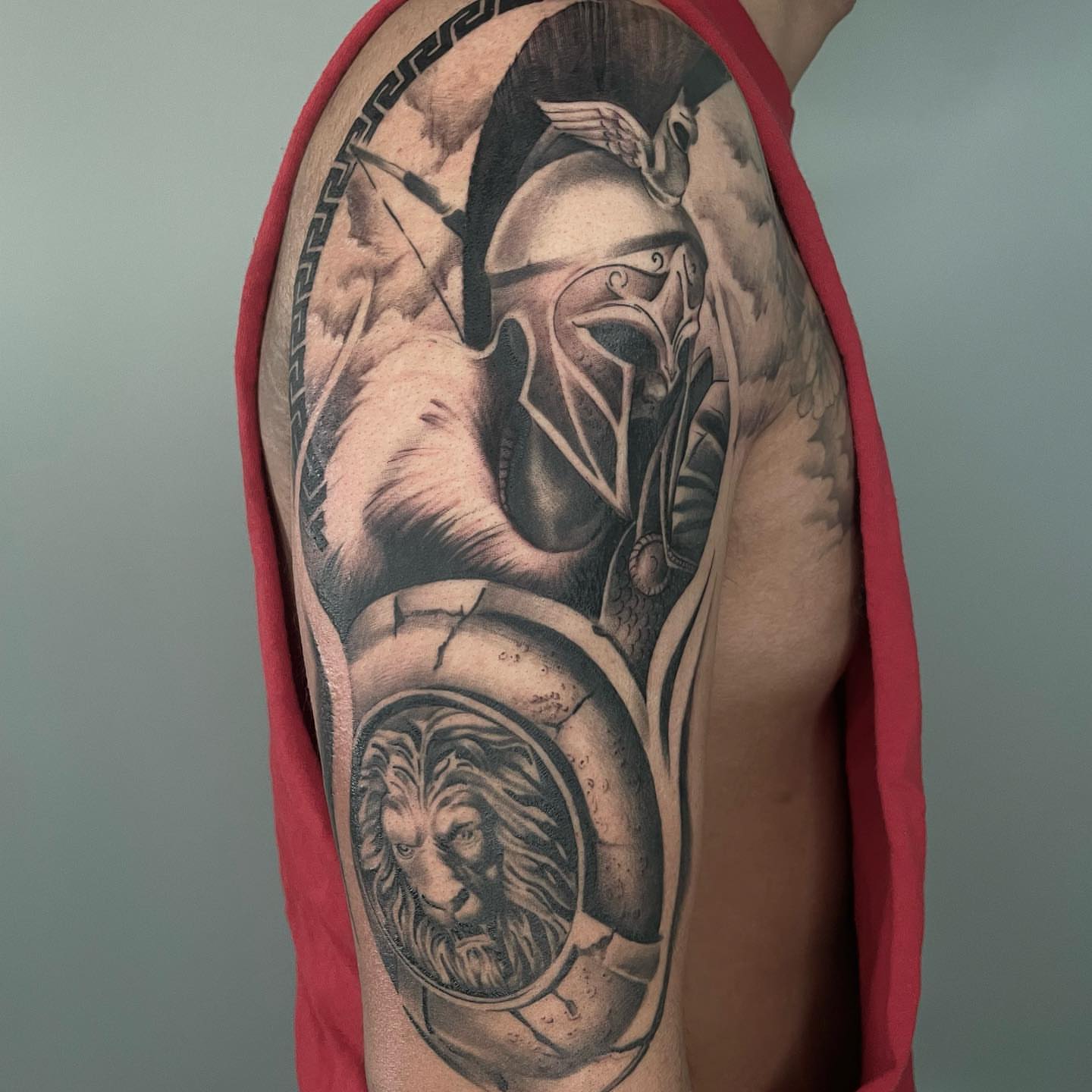 Spartan warrior realism tattoo on the upper arm by Angel, Salt Lake City, Utah