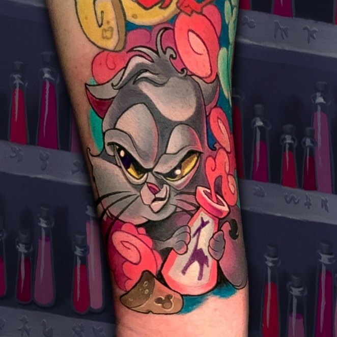 Cat new school tattoo on the forearm by Joshua L Wilson, Dayton, Ohio