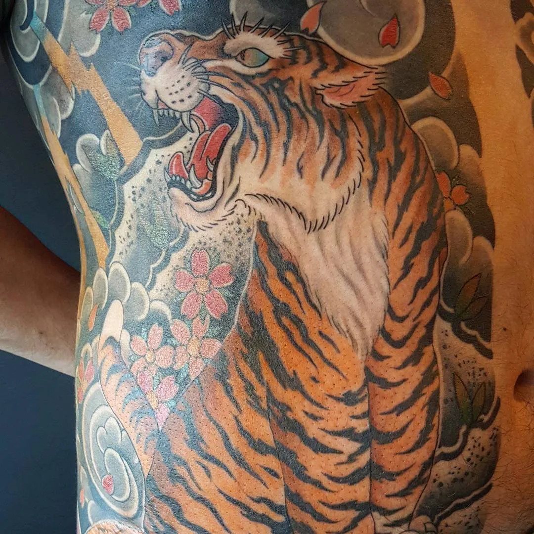 Tiger japanese irezumi tattoo on the thigh by zamix_traditional, San Francisco, California