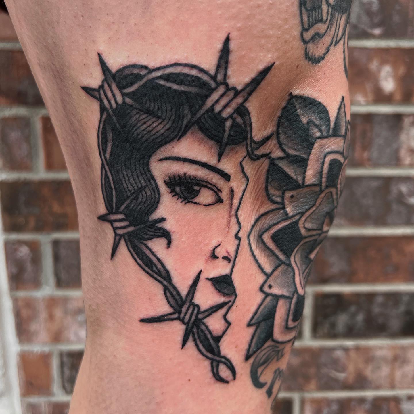 Woman with horns American traditional tattoo on the forearm by ๐๐๐๐พ๐ - (่พ็ๅ
)
