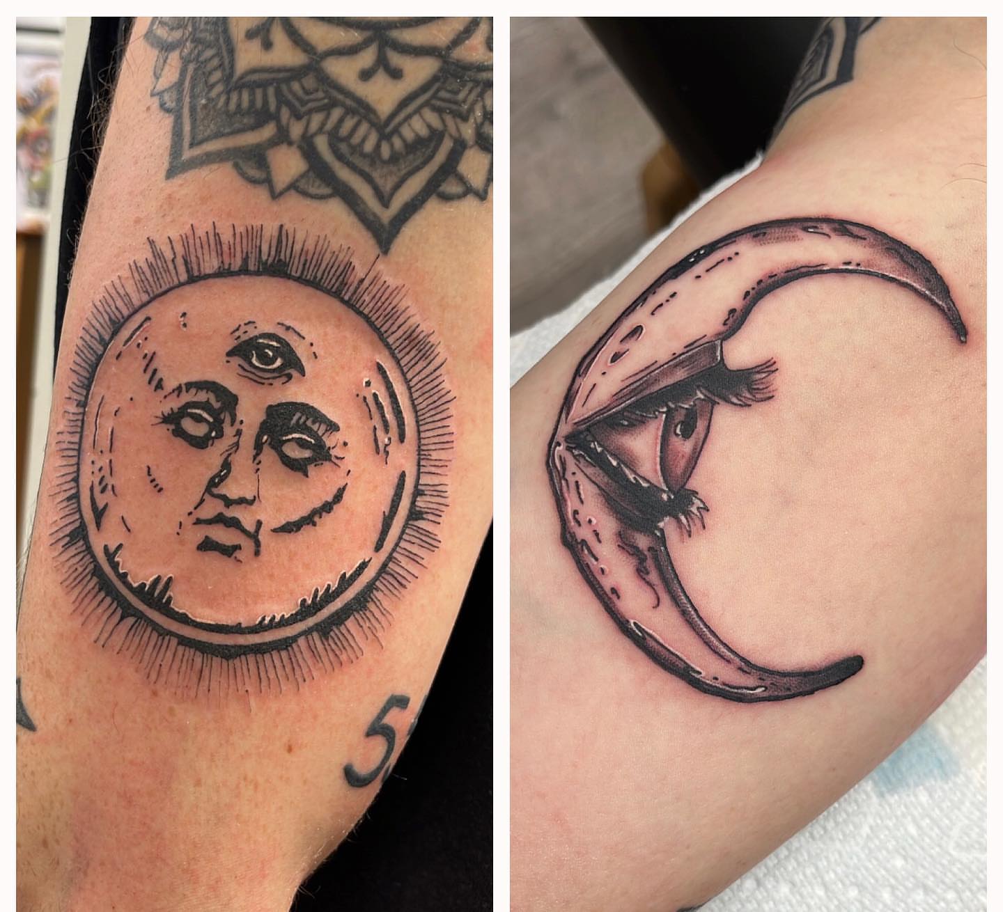 Moon face realism tattoo on the forearm by Edward A. Boesch