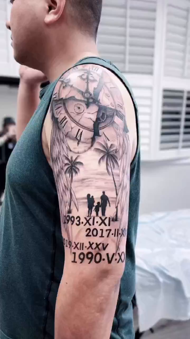 Clock with family silhouette and dates realism tattoo by New Root Ink _Studio