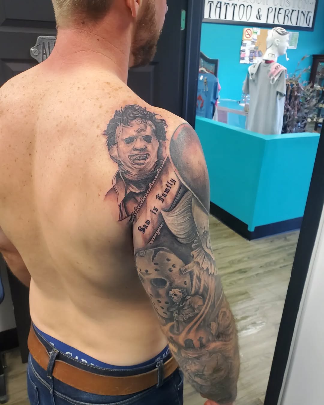 Horror movie characters sleeve realism tattoo on the back by @stevison15