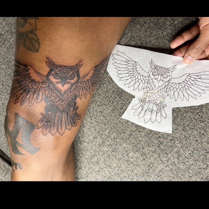 Owl with wings spread fine line tattoo on the forearm by CmoreInk
