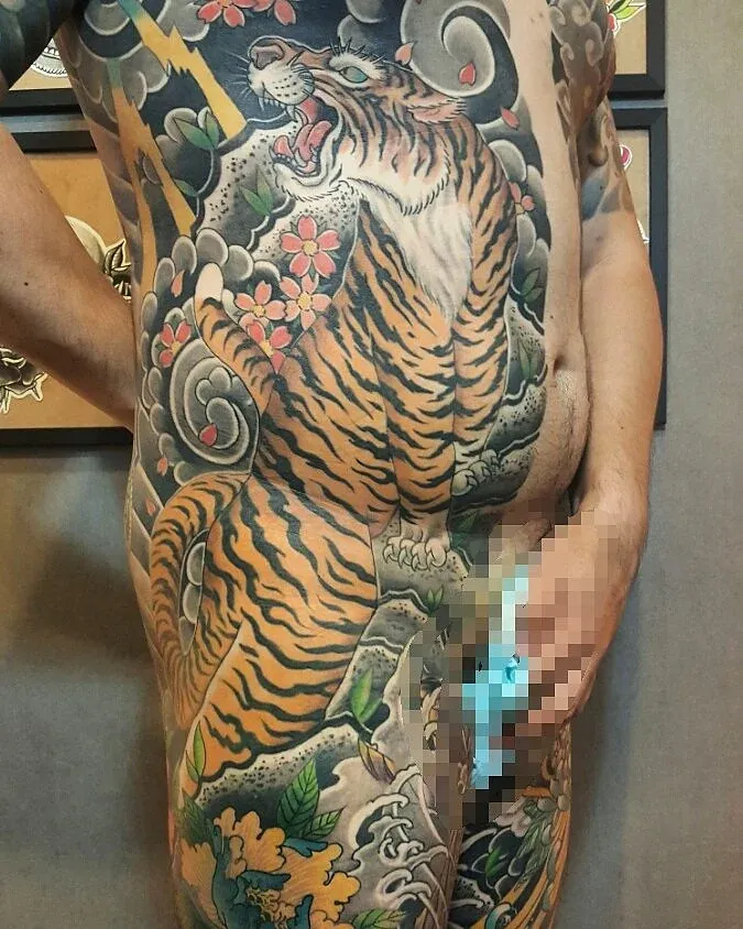 Tiger japanese irezumi tattoo on the thigh by zamix_traditional, San Francisco, California