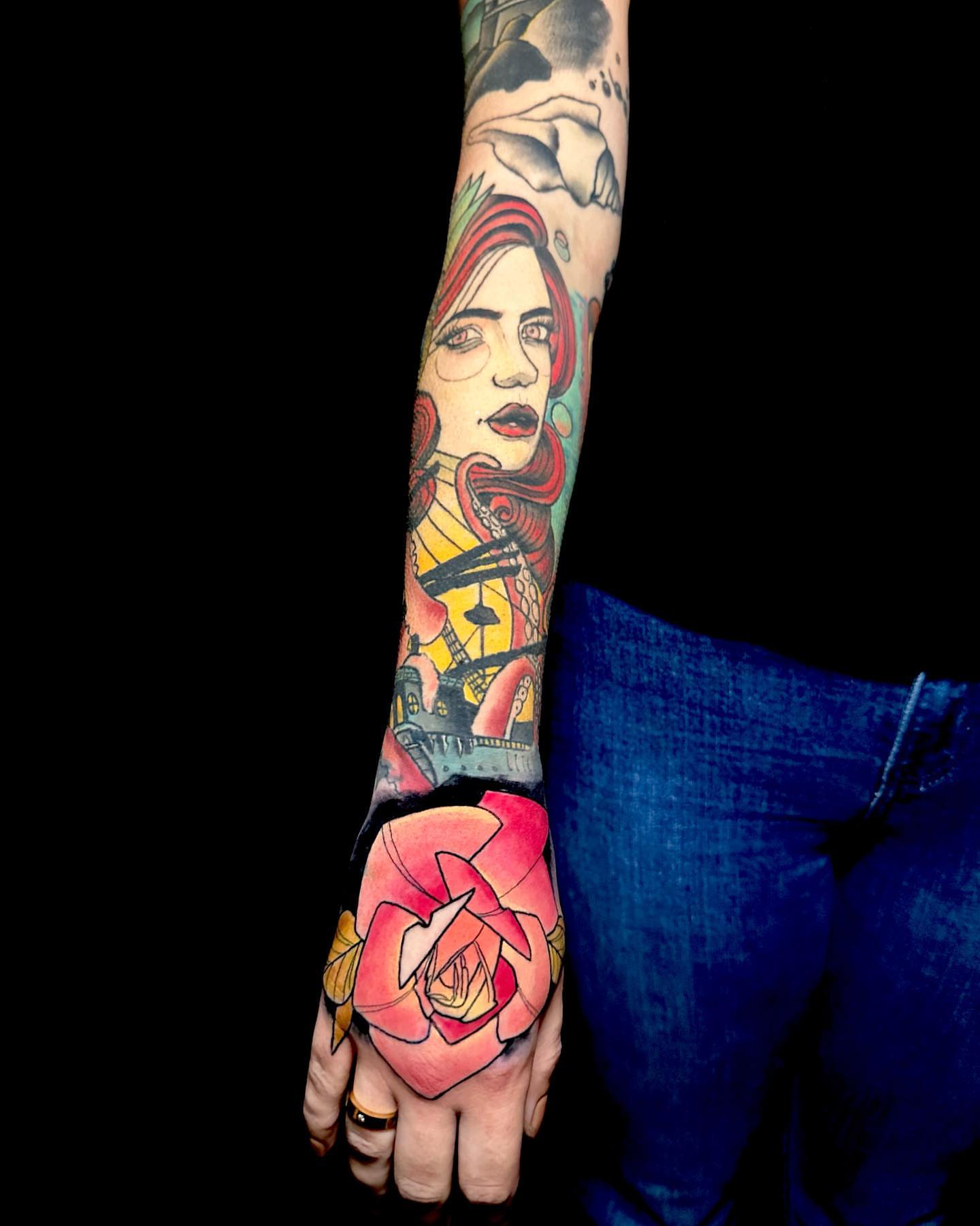Woman with red hair American traditional tattoo on the forearm by ๐๐ฌ๐ฐ๐ฅ ๐๐ฌ๐ฌ๐ซ