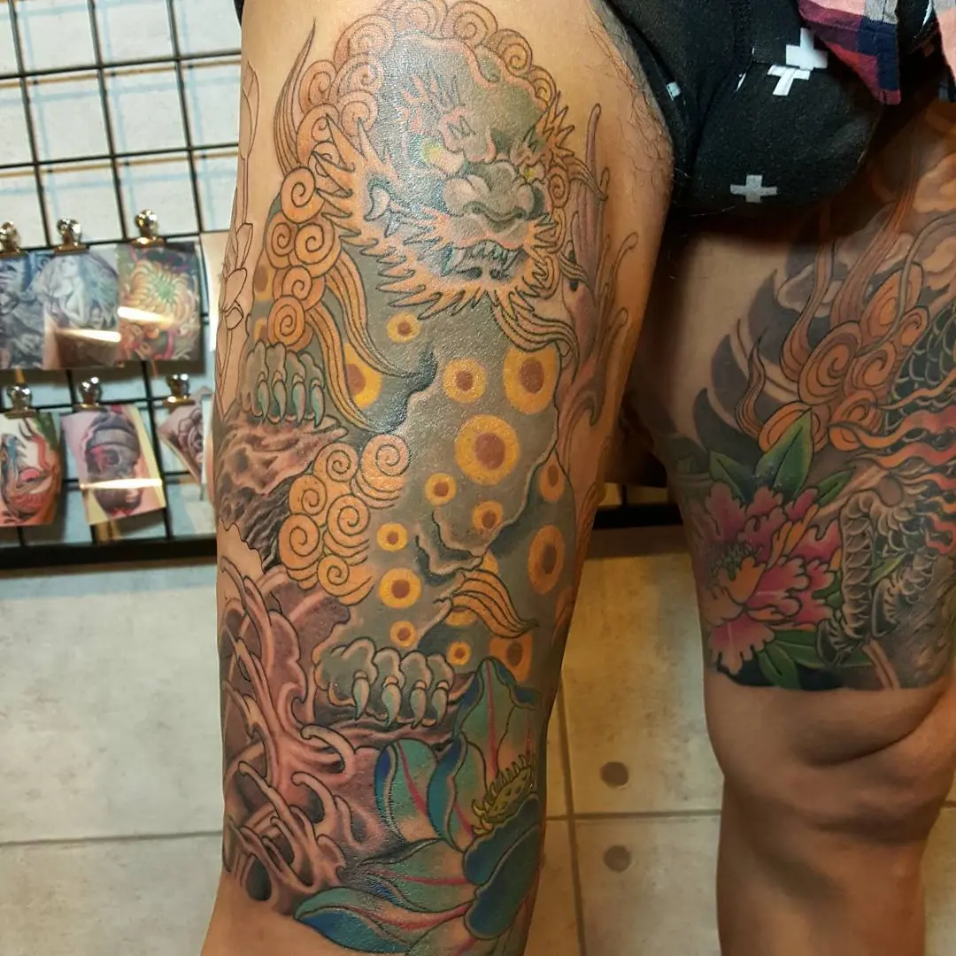 Dragon and floral japanese irezumi tattoo on the thigh by zamix_traditional, San Francisco, California