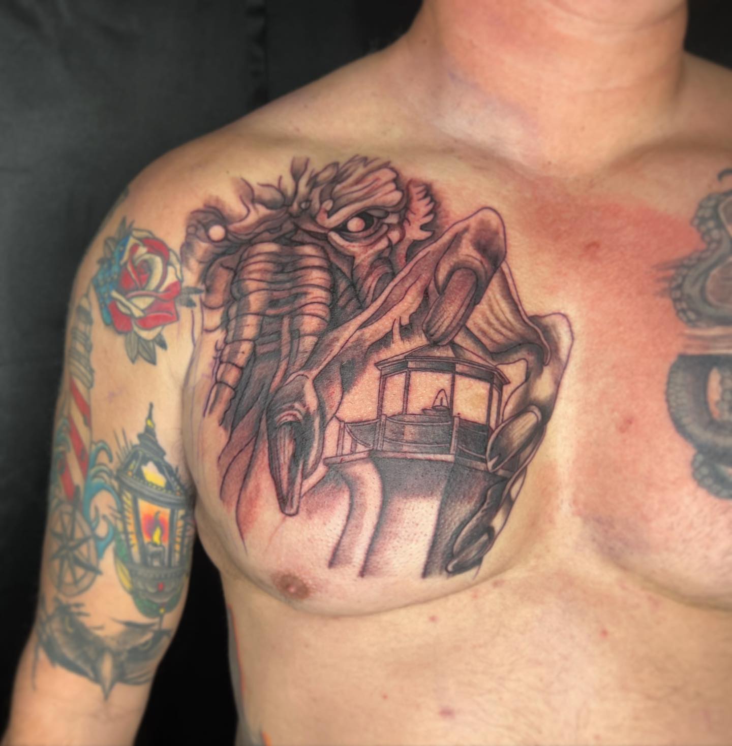 Elephant realism tattoo on the chest by Daphne Landry