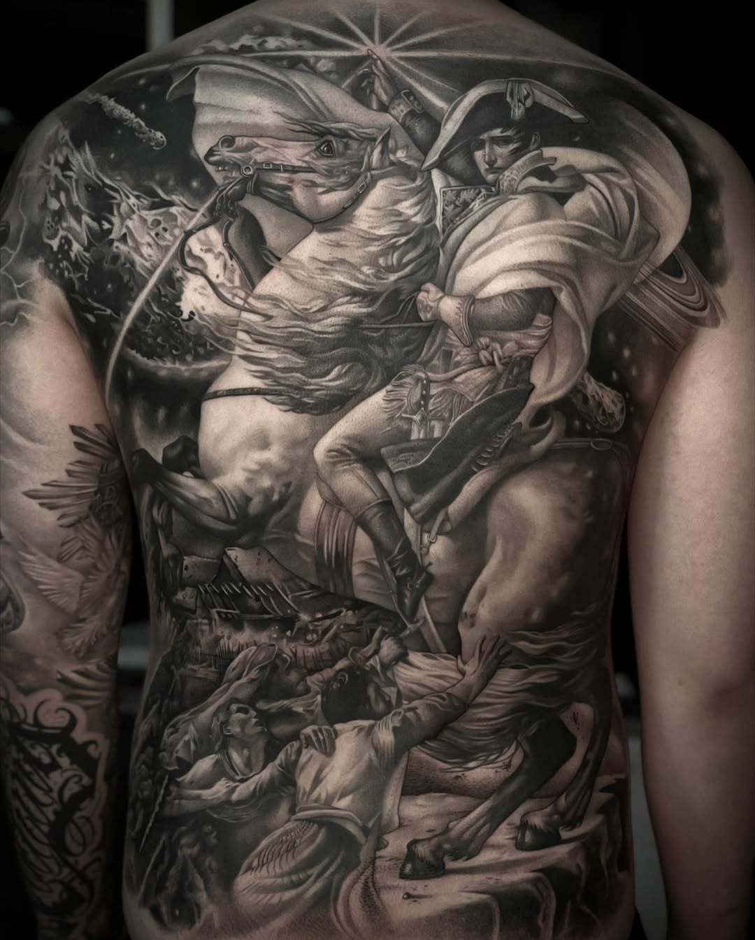 Napoleon on horseback realism tattoo on the back by D A N N y L I N