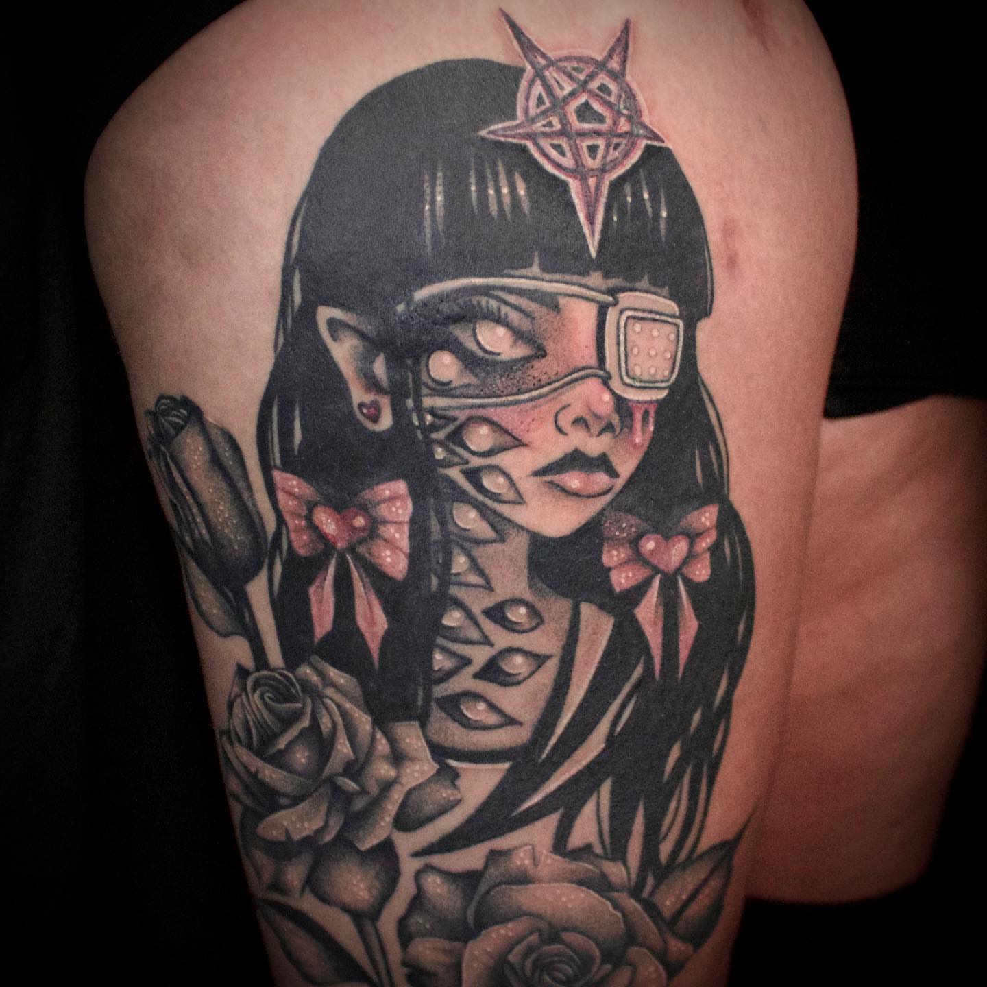 Woman with pentagram American traditional tattoo on the thigh by Galen