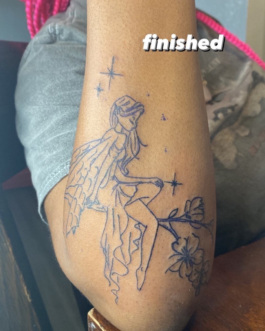 Fairy fine line tattoo on the forearm by ๐ฆ