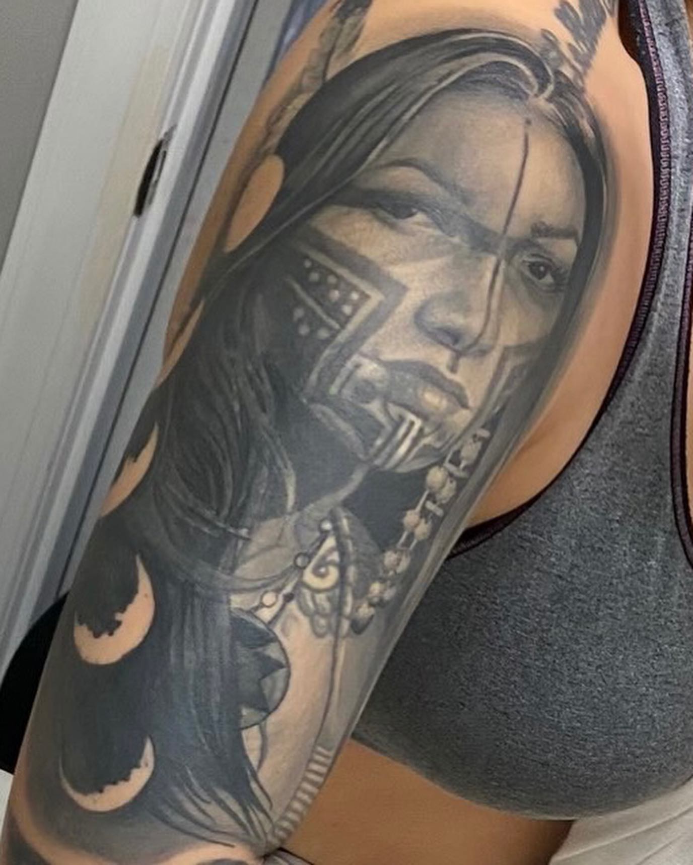 Indigenous woman American traditional tattoo on the upper arm by Sirvonesmithtattoos@gmail.com