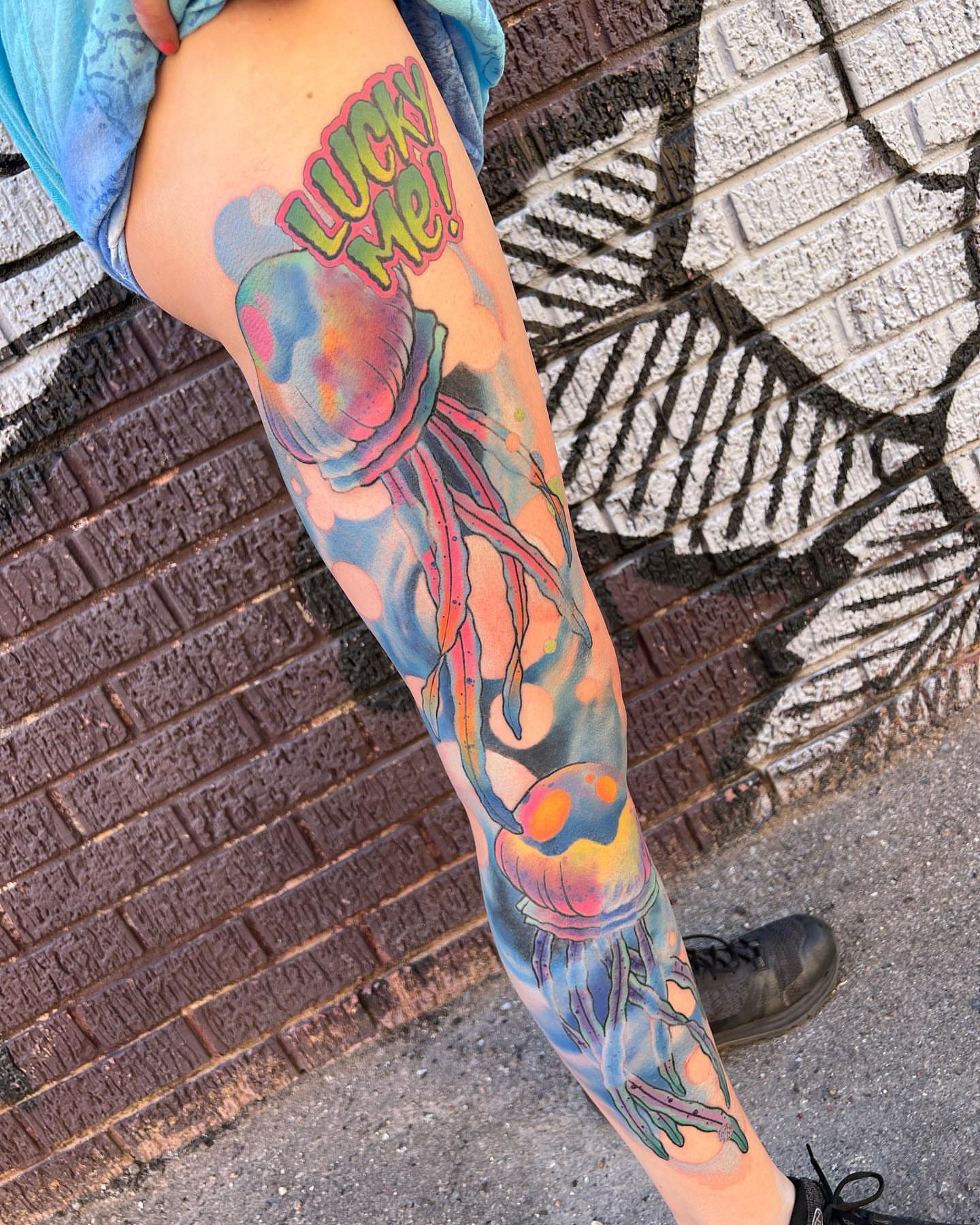 Jellyfish new school tattoo on the upper arm by Ben Viamontes