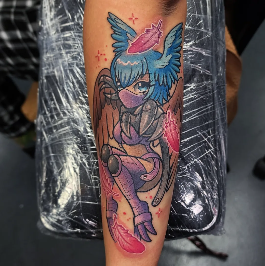 Cyborg angel anime tattoo on the forearm by Joanna Nguyen ♈
