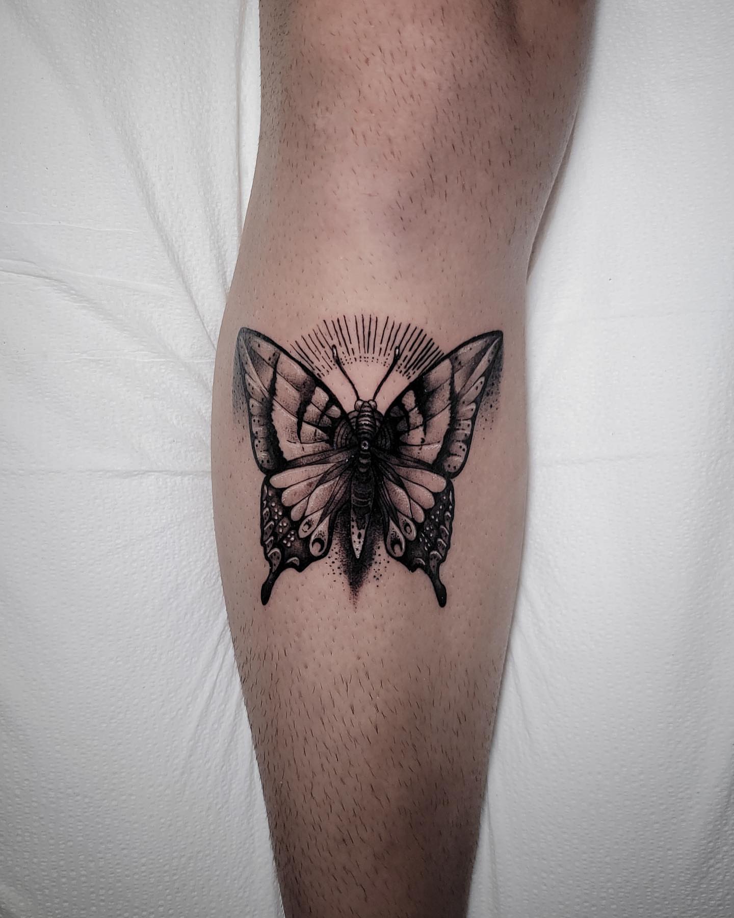 Butterfly dotwork tattoo on the forearm by Mateo
