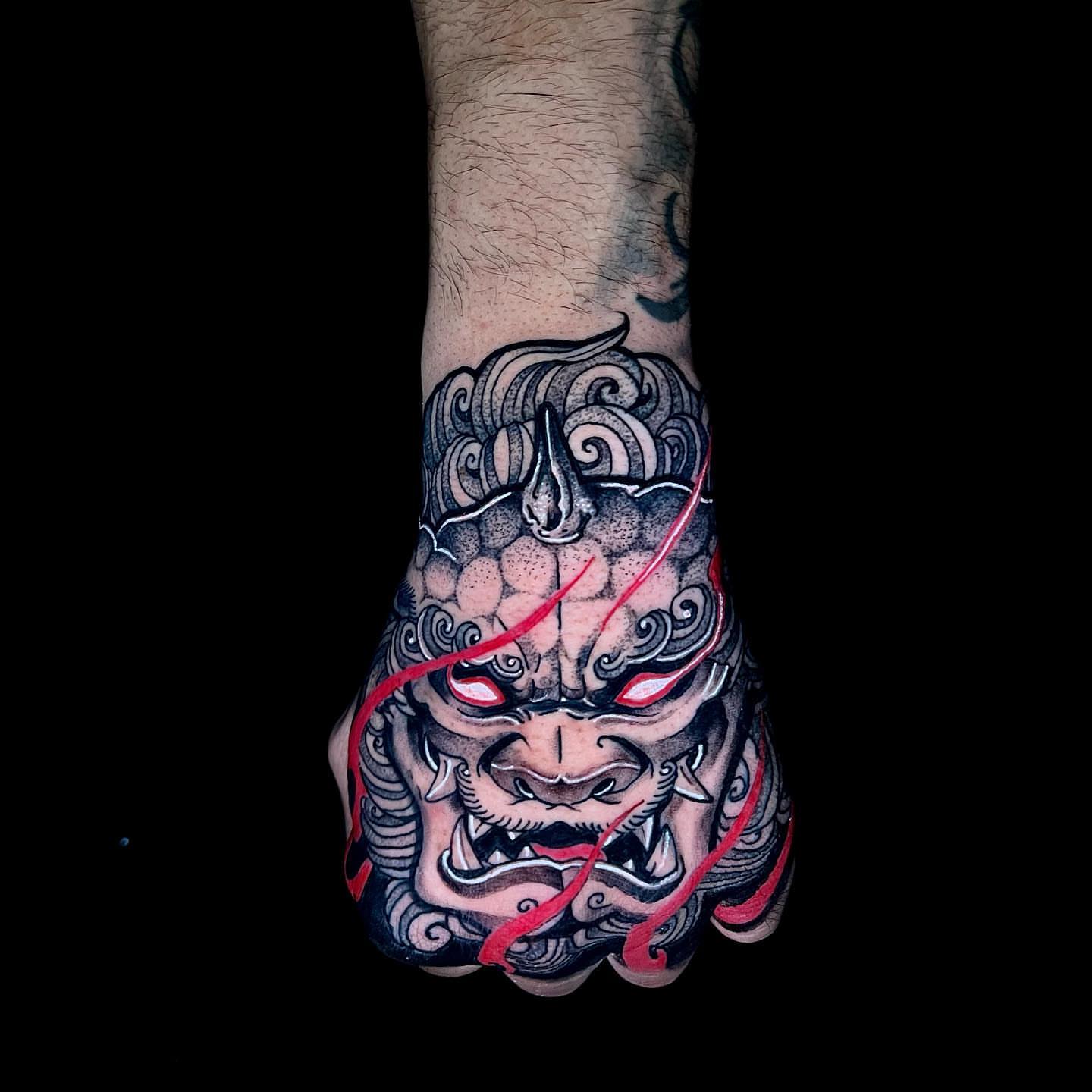 Ogre mask japanese irezumi tattoo on the forearm by TattoozbyAlexander