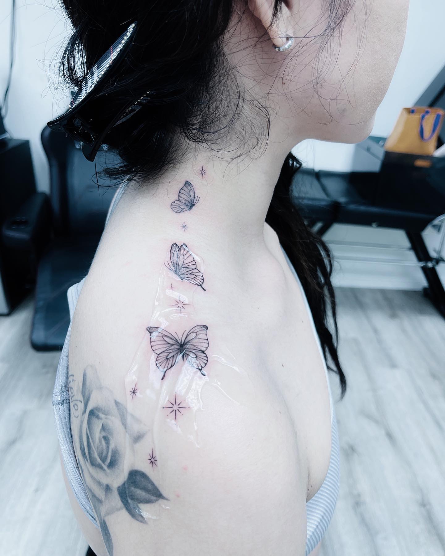 Butterflies and roses black and grey tattoo on the shoulder by New Root Ink _Studio