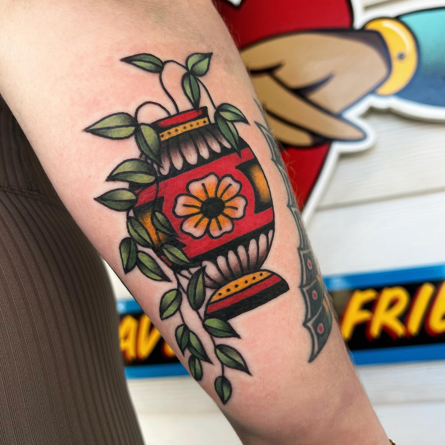 Jar with flower American traditional tattoo on the forearm by 🍓miranda joon bradbury🍓