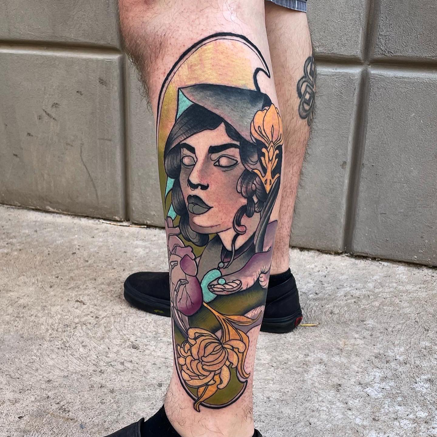 Woman with flowers American traditional tattoo on the forearm by ๐๐ฌ๐ฐ๐ฅ ๐๐ฌ๐ฌ๐ซ