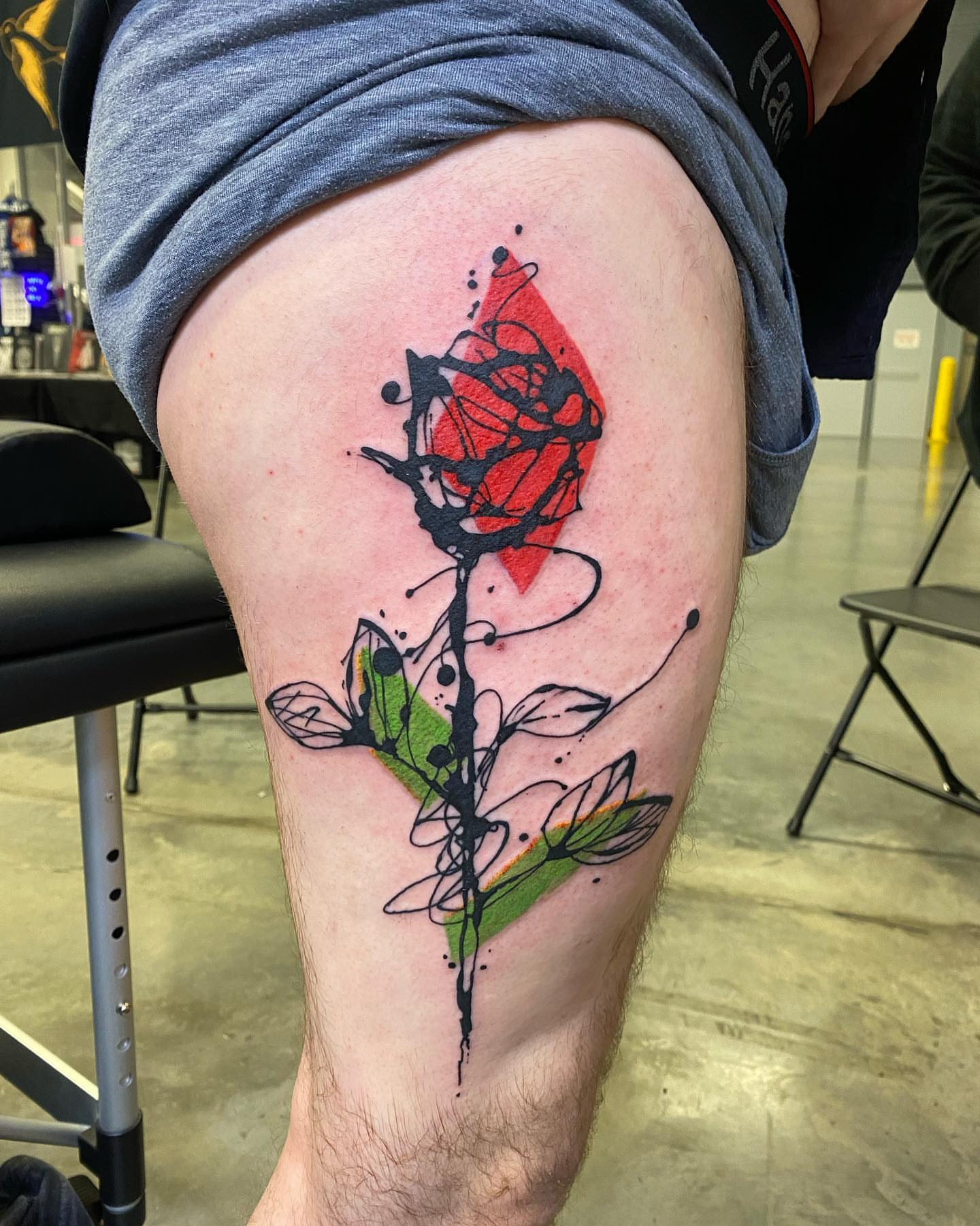 Rose dotwork tattoo on the thigh by Keith Cromie