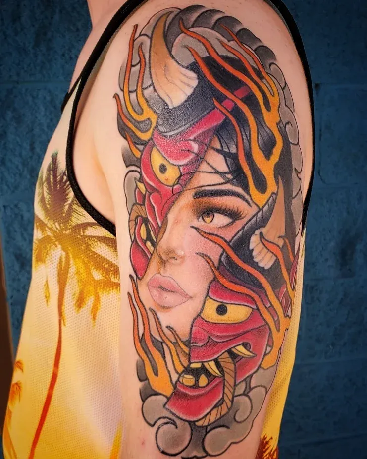 Woman with mask American traditional tattoo on the forearm by Ben Friday, Phoenix, Arizona
