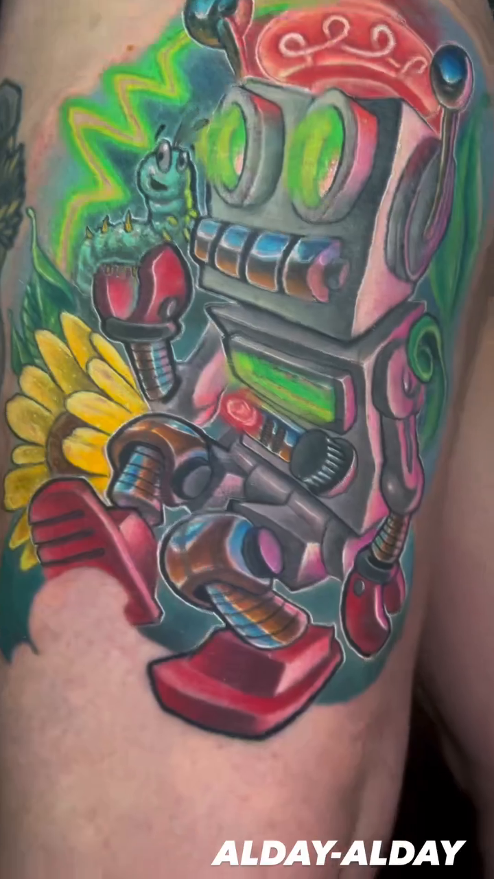 Robot neo-traditional tattoo by Albuquerque Tattoo Artist, Albuquerque, New Mexico