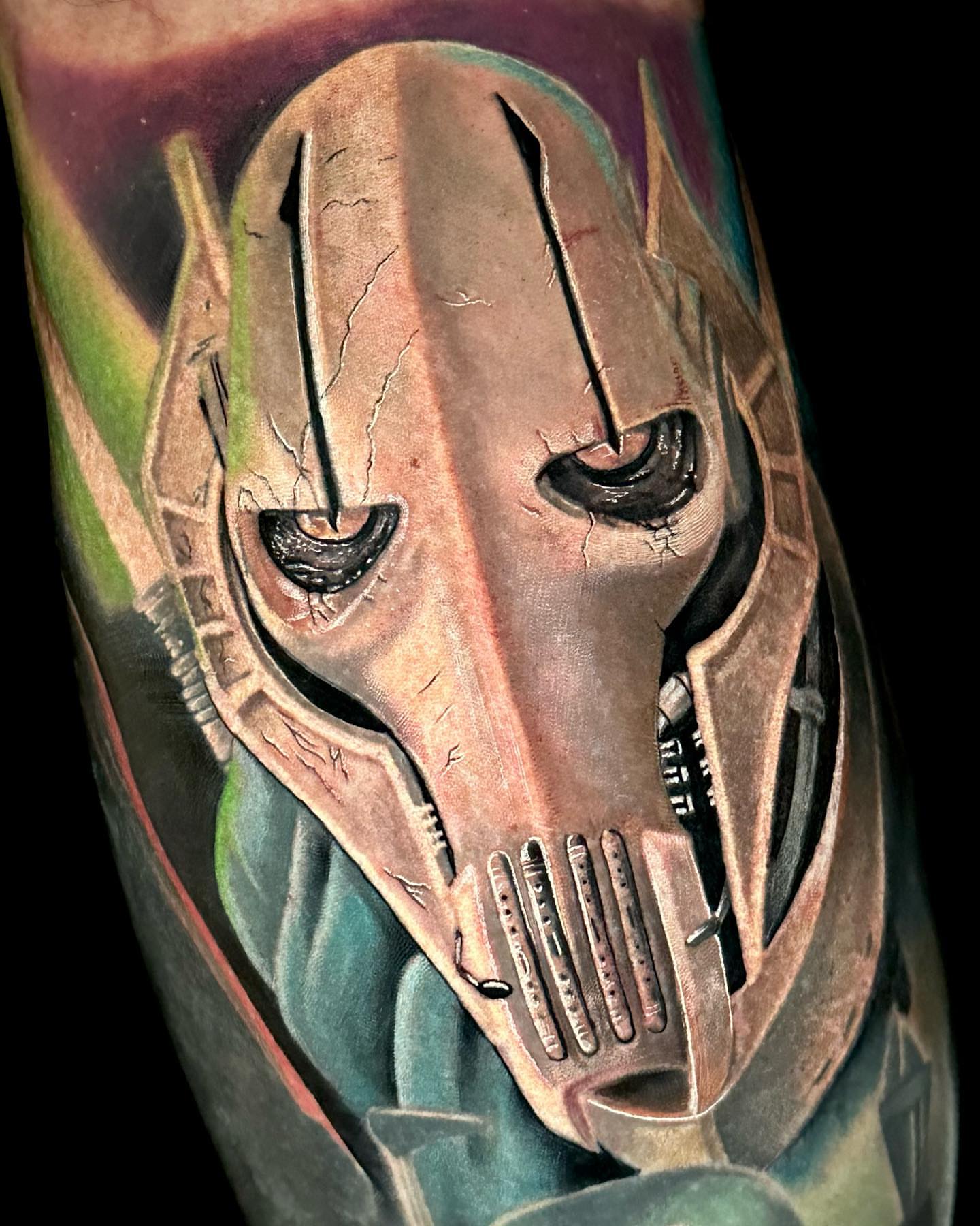 Mecha helmet realism tattoo on the forearm by Kevin Bradley Jr, Mesa, Arizona