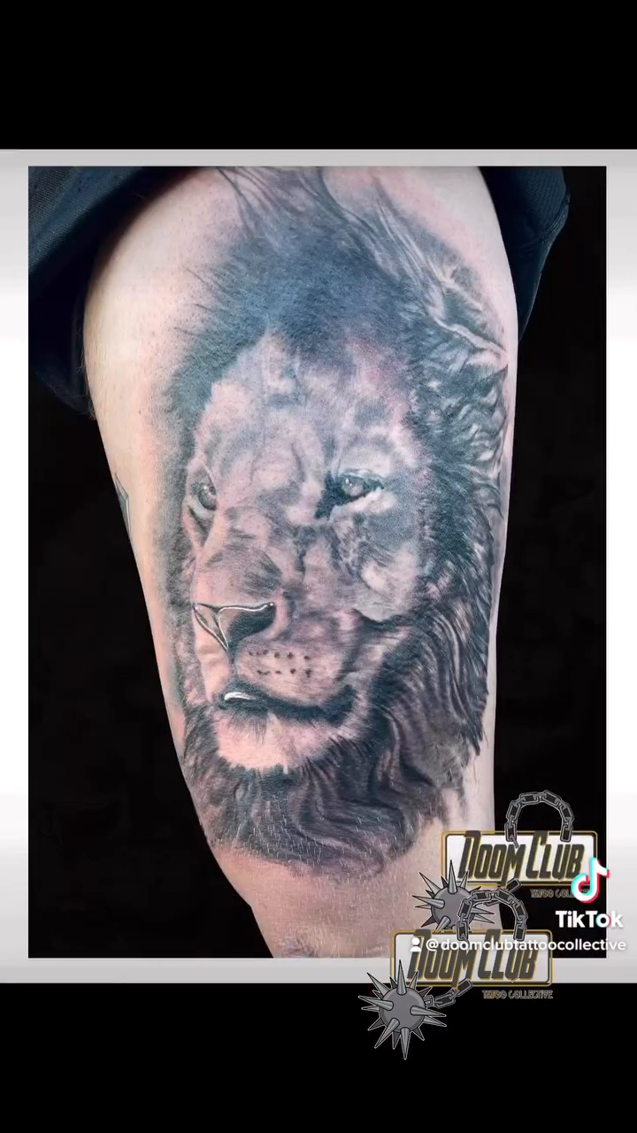 Lion portrait realism tattoo by Nick Harrison, Dayton, Ohio