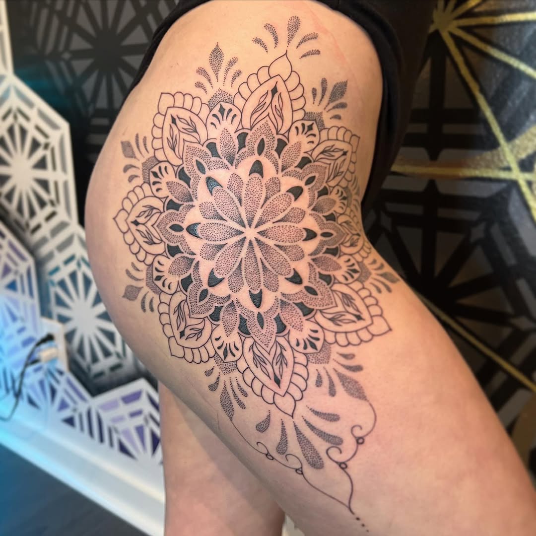 Tattoo by @hiddenheart_tattoo — dotwork, geometric