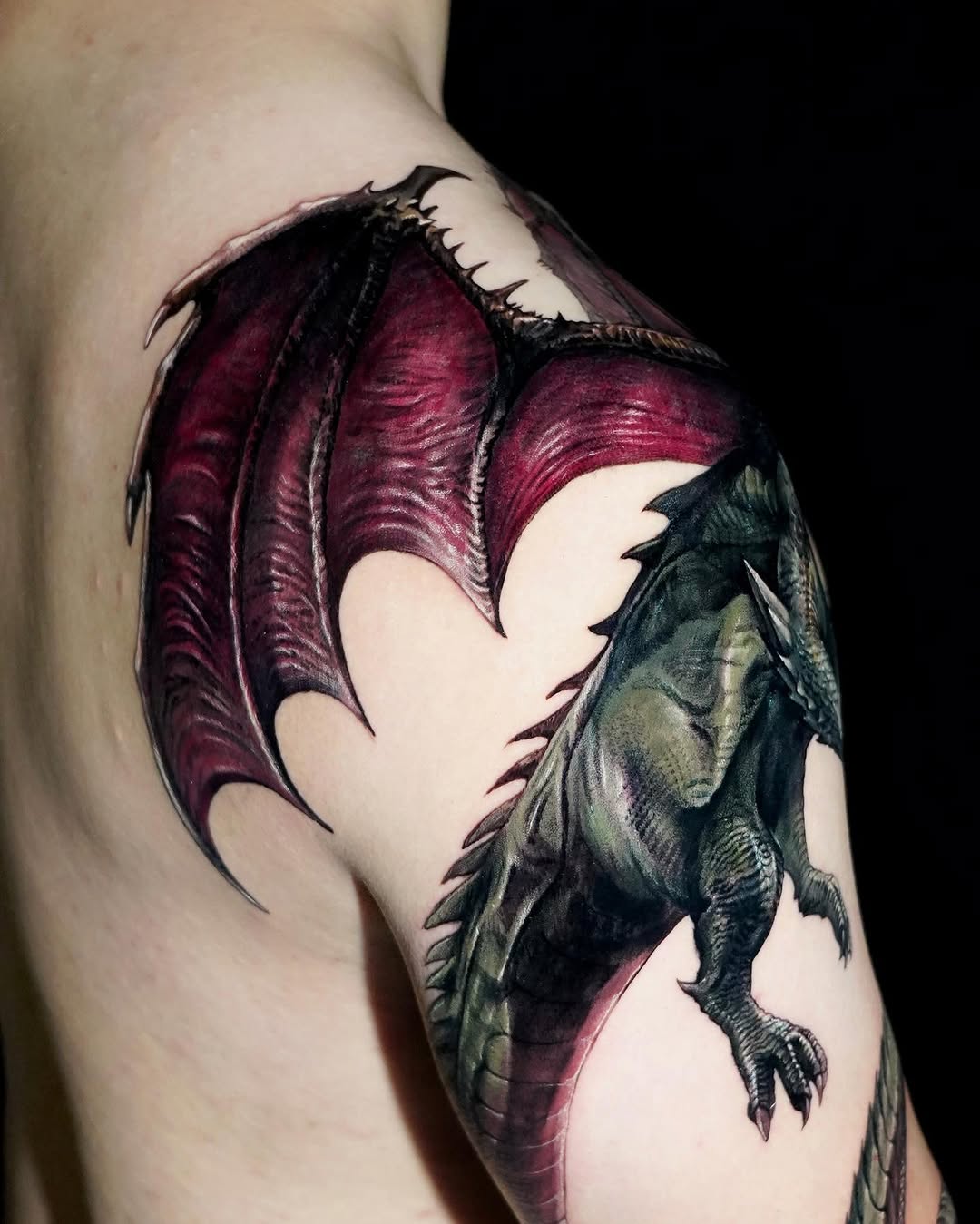 Dragon with wings realism tattoo on the shoulder by Eun, Toronto, Ontario