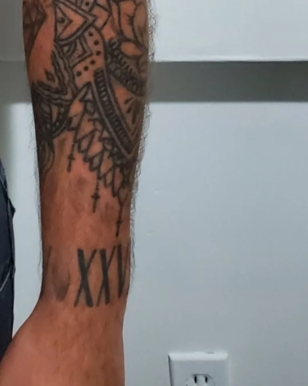 Roman numerals black and grey tattoo on the forearm by William Gualteros