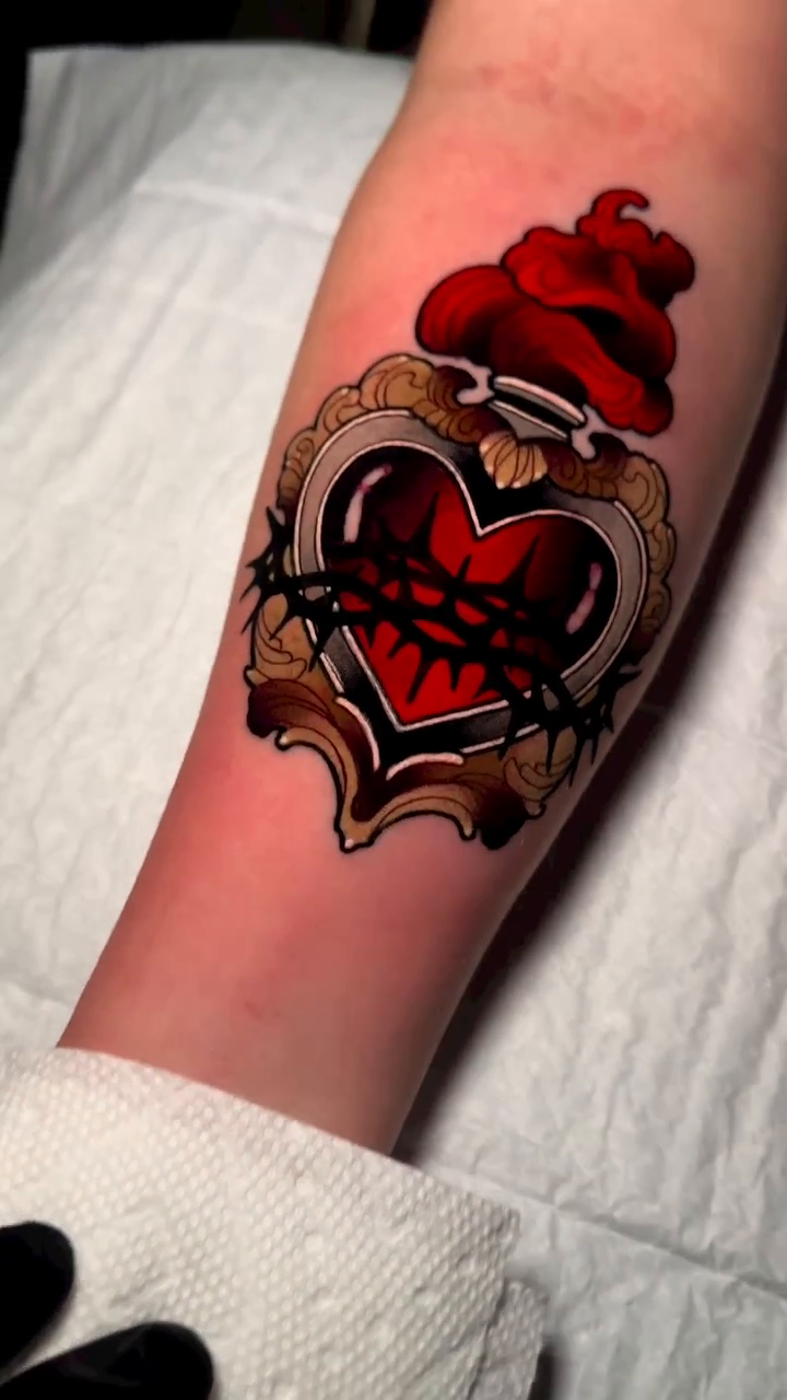 Sacred heart with thorns and flames neo-traditional tattoo by gillian marie