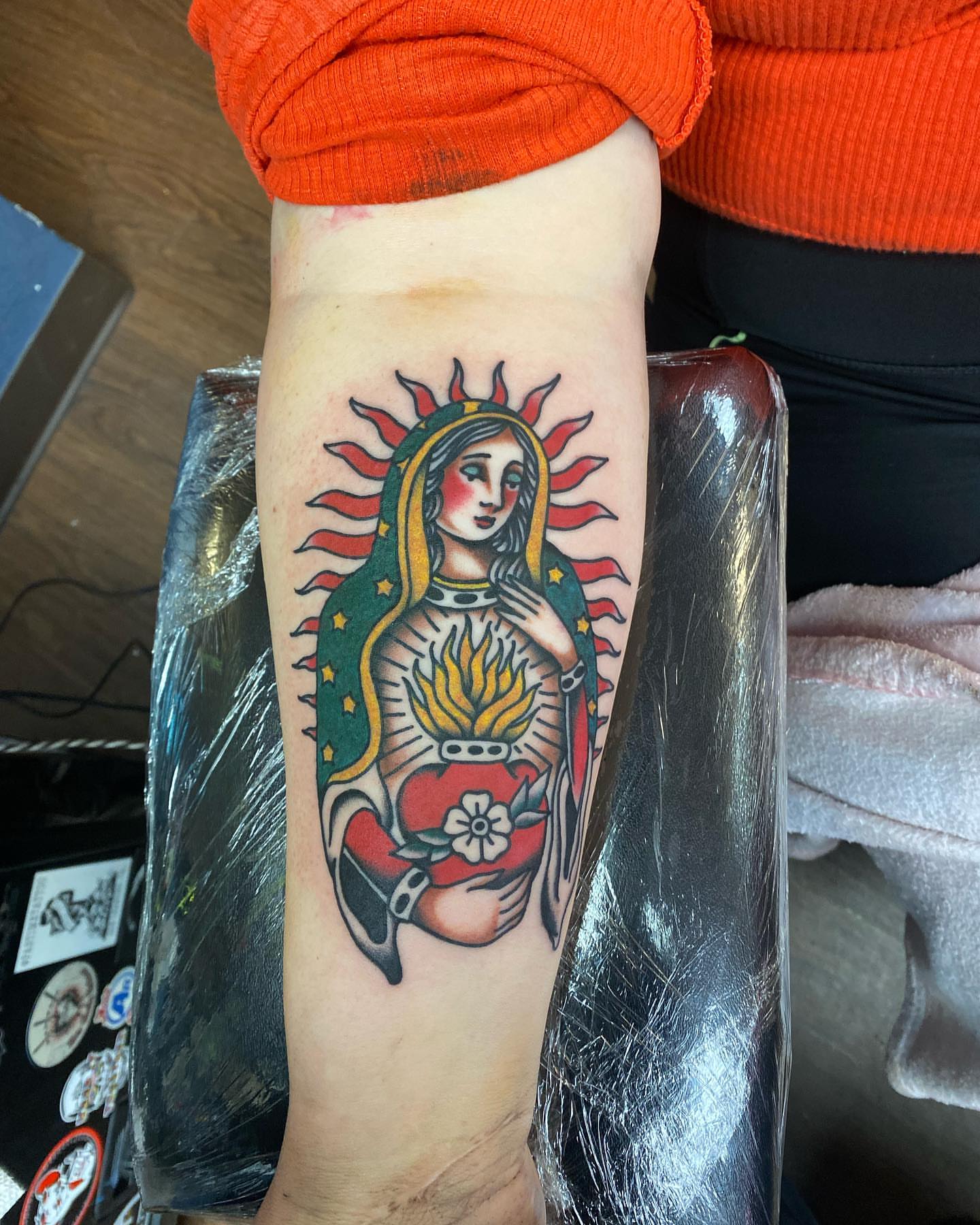 Virgin mary American traditional tattoo on the forearm by Payton Prentice