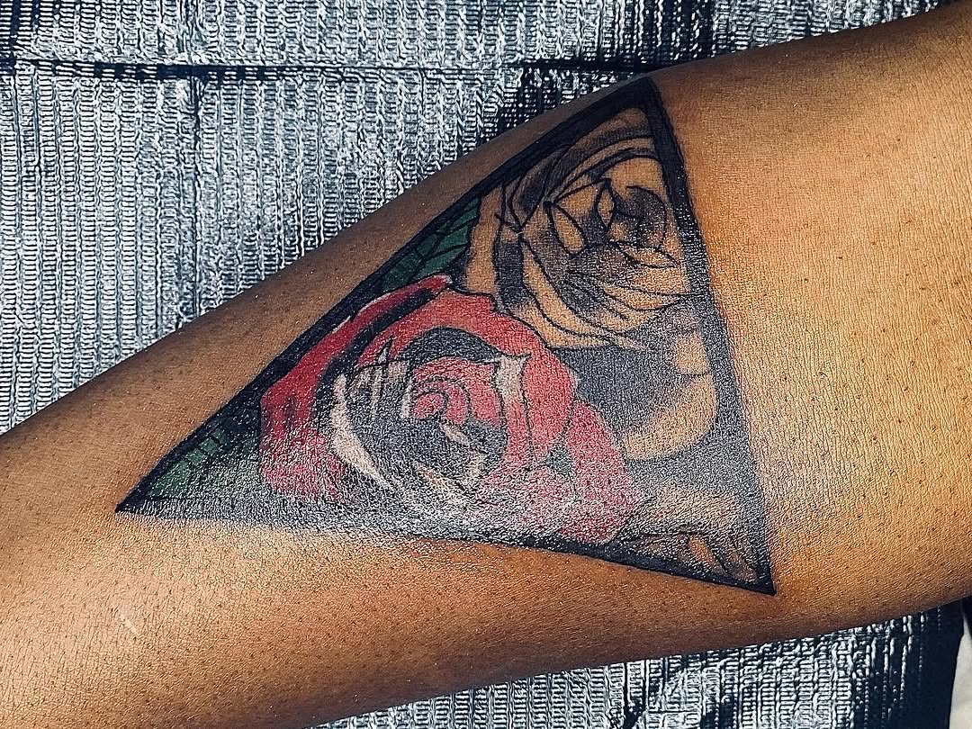 Roses in triangle neo-traditional tattoo on the forearm by CmoreInk