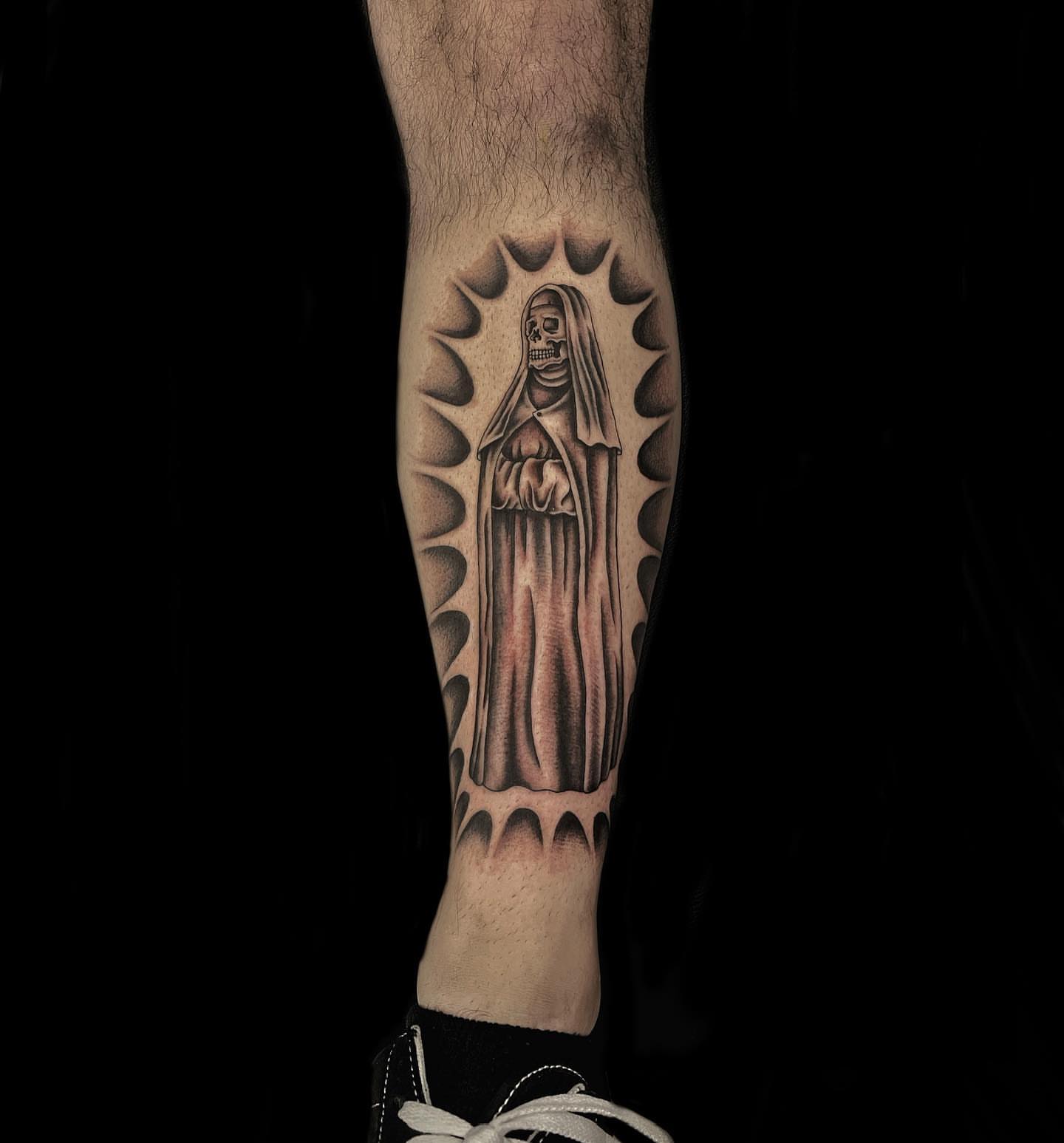 Skeleton nun dotwork tattoo on the forearm by Jason