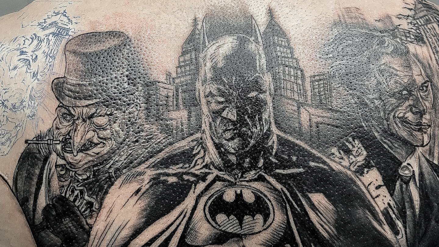 Batman black and grey tattoo on the chest by 𝔄𝔩𝔳𝔞𝔯𝔬 𝔓𝔦𝔫𝔦𝔩𝔩𝔞